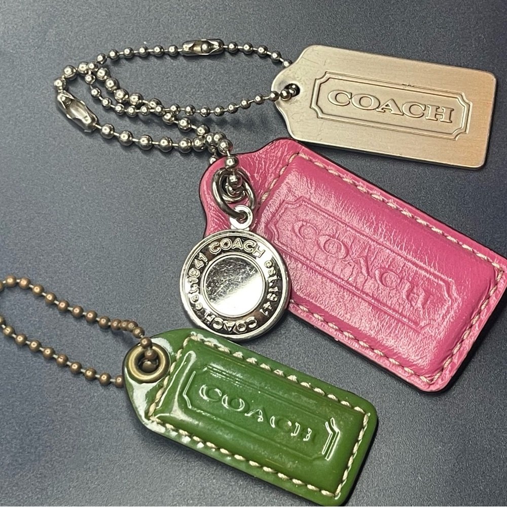Vintage Coach Leather hangtag Set in Pink, Green, and Silver Metal
